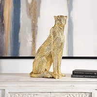 20.75" Golden Sitting Leopard Floor Sculpture with Diamond Faceted Texture