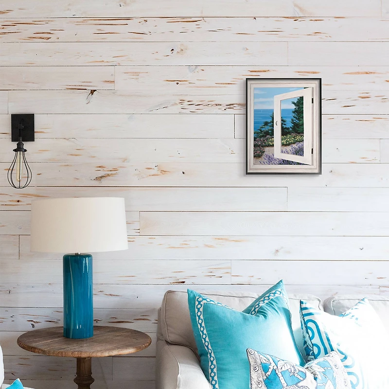 Stupell Industries Coastal View From Window Distant Boats on Ocean in Frame Wall Art