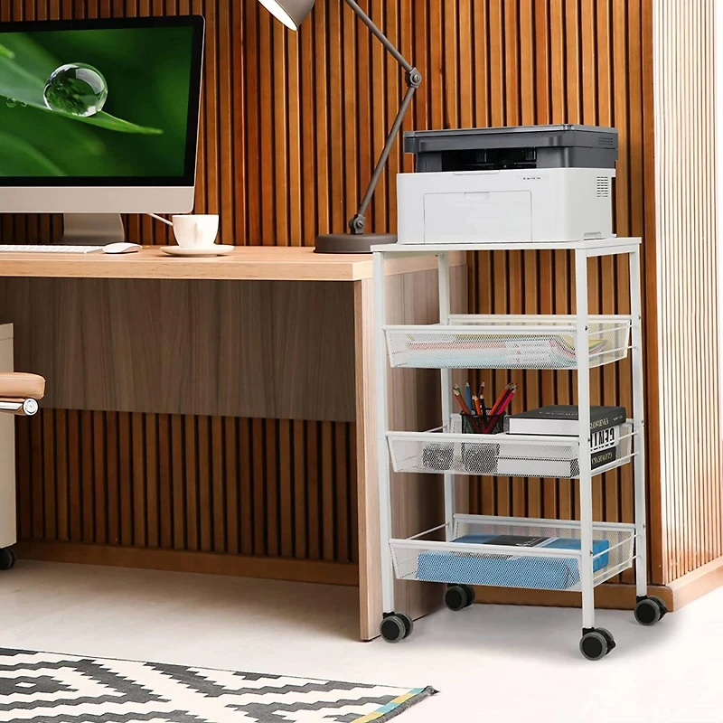 White 3-Tier Kitchen Storage Rolling Utility Cart with Wood Top