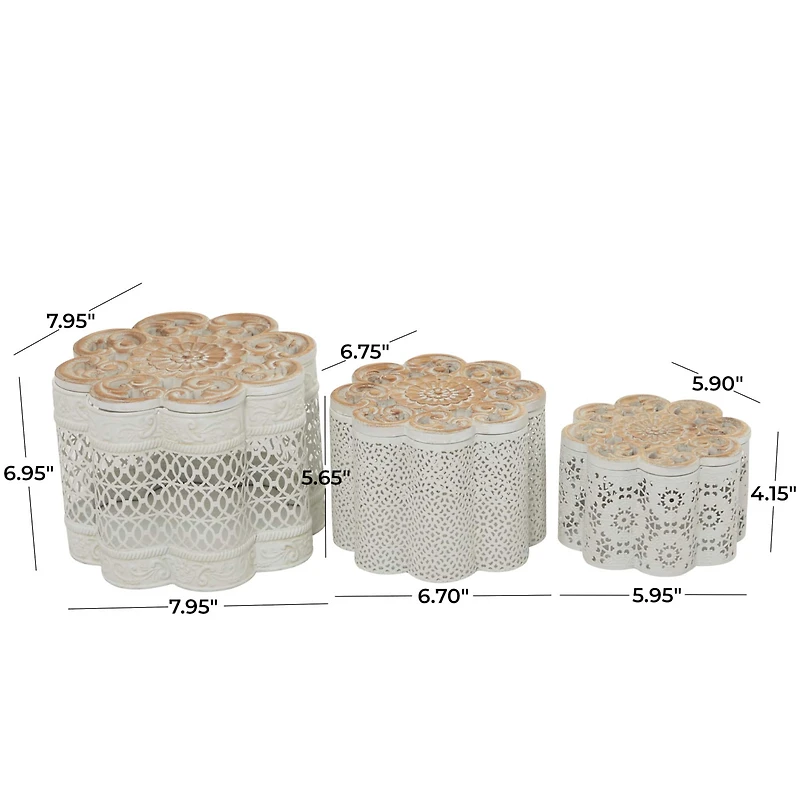 White Metal Quatrefoil Decorative Jars with Wood Carved Lids Set