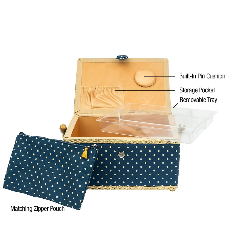 SINGER® Large Blue Polka Dot Print Sewing Basket with Matching Zipper Pouch
