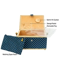 SINGER® Large Blue Polka Dot Print Sewing Basket with Matching Zipper Pouch