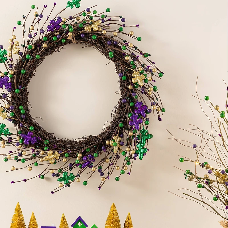 Glitzhome® 20" Mardi Gras Berry & Fleur-de-Lis Wreath