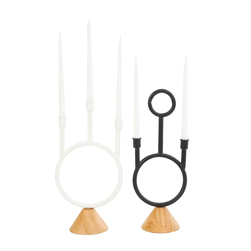 Black & White Metal Abstract Circular Ring Candle Holder with Wooden Cone Bases Set
