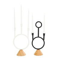 Black & White Metal Abstract Circular Ring Candle Holder with Wooden Cone Bases Set