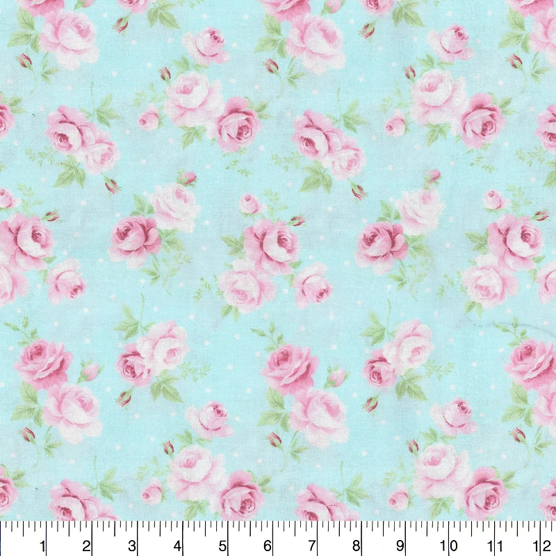 Fabric Traditions Light Blue Roses with Dots Cotton Fabric