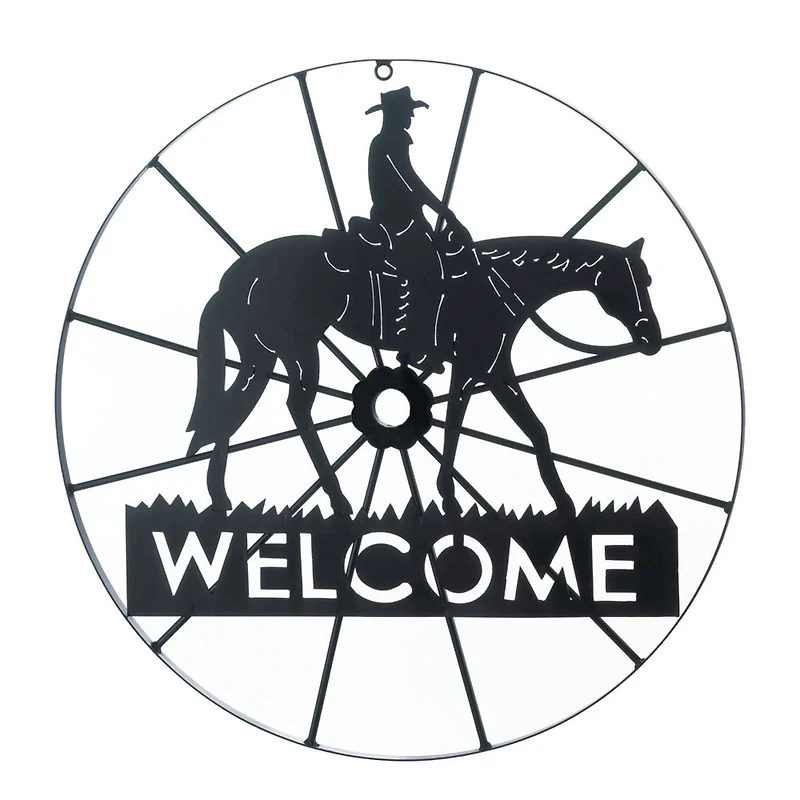 Black Metal Cowboy Welcome Wheel Sign