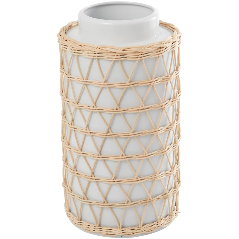 15" White & Woven Rattan Ceramic Handmade Vase