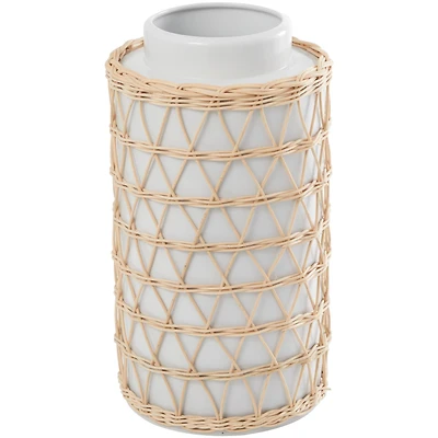 15" White & Woven Rattan Ceramic Handmade Vase