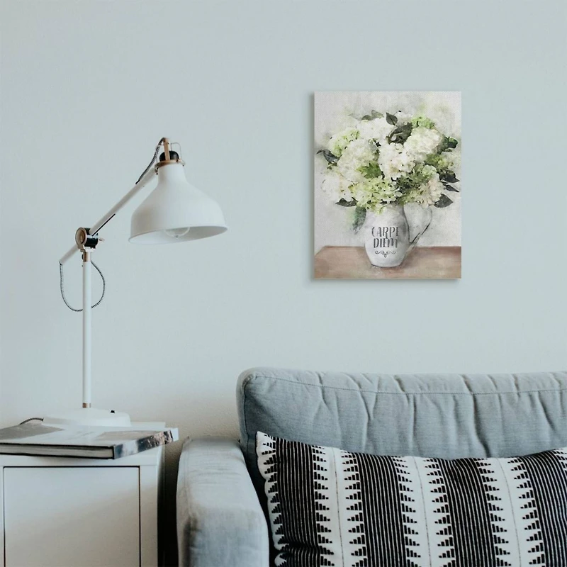 Stupell Industries Carpe Diem with White Hydrangea Bouquet Canvas Wall Art