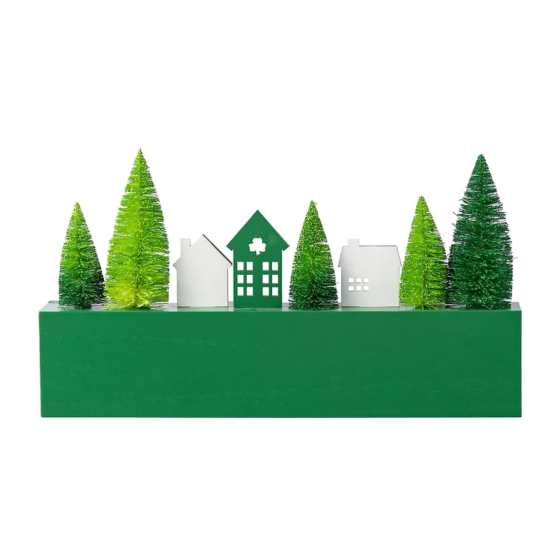 Glitzhome® 14" St. Patrick's Wooden House and Brush Trees "LUCKY" Table Decor