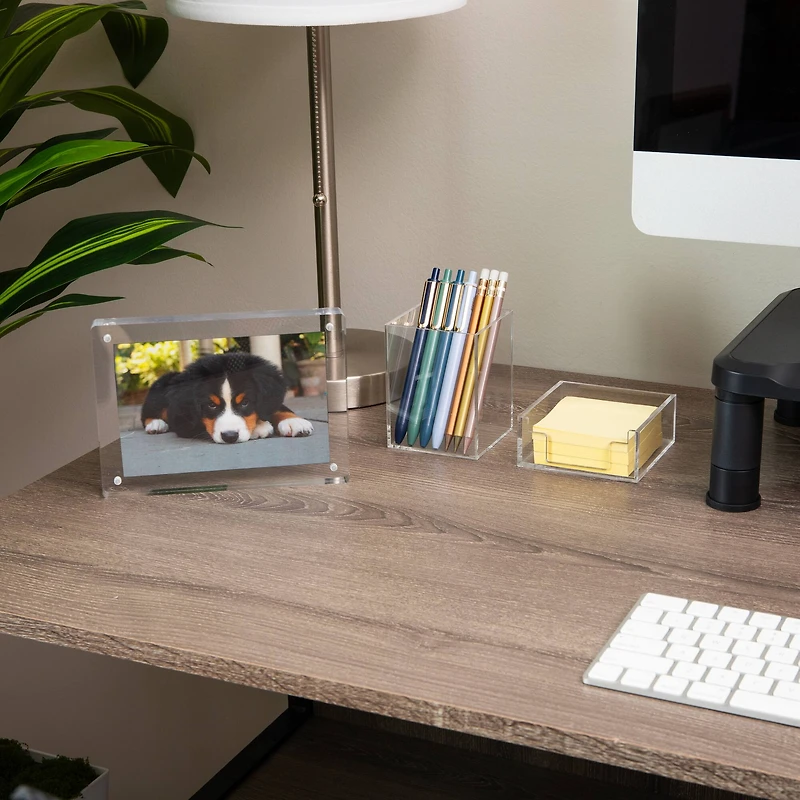 Mind Reader 3-Piece Desk Organizer Set, Pen Holder, Photo Frame and Sticky Note Tray, Acrylic, Clear