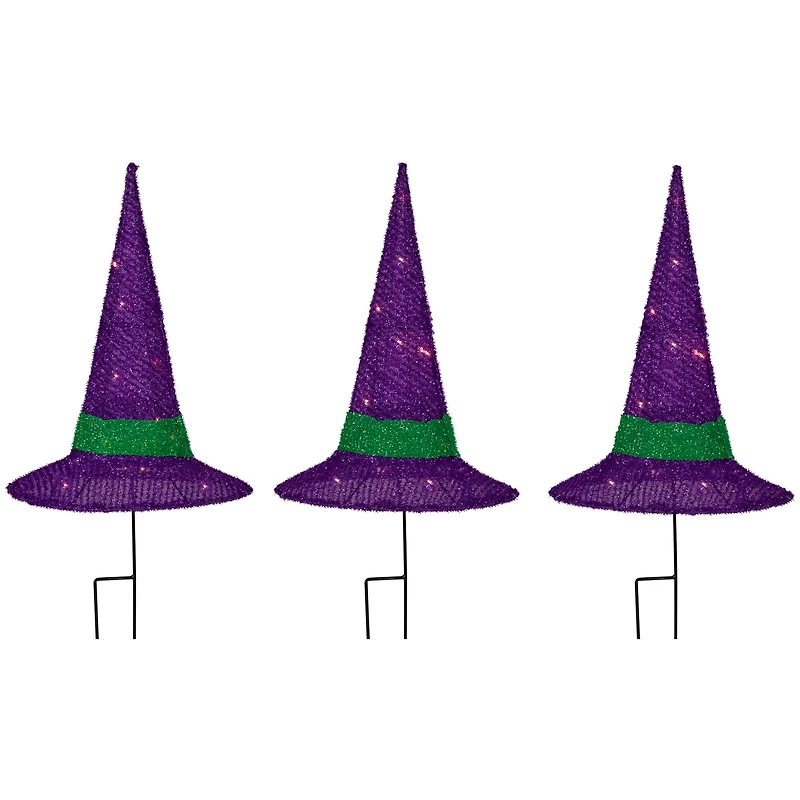 14" LED Lighted Purple Witches Hat Outdoor Halloween Pathway Markers, 3ct.