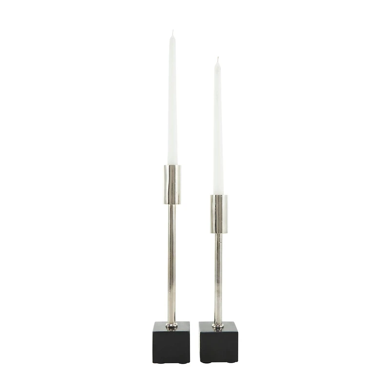 Silver Aluminum Slim Candle Holder with Black Block Base Set
