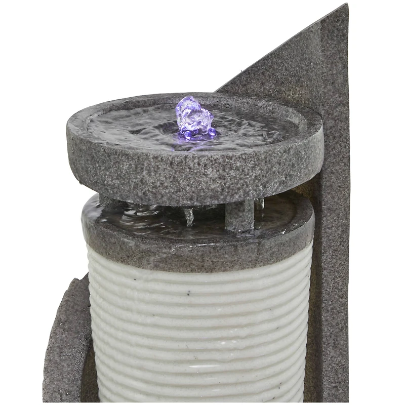 34.5" Light Gray Fiberglass 2-Tier Geometric Fountain with LED Light