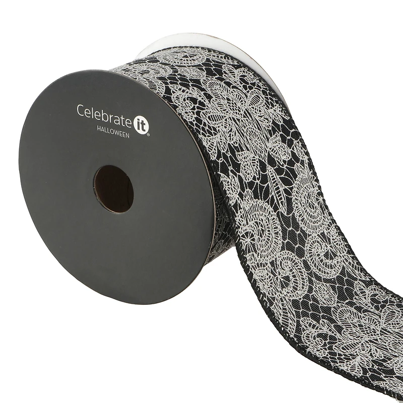 2.5" x 20ft. Black & White Wired Floral Lace Ribbon by Celebrate It® Halloween