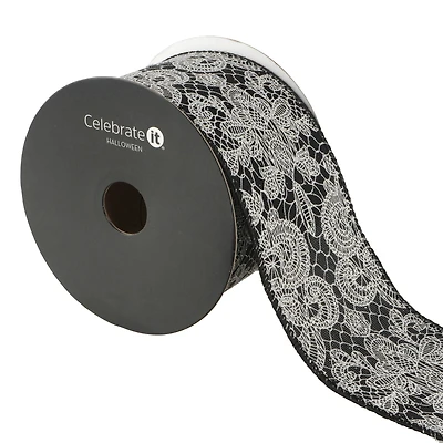 2.5" x 20ft. Black & White Wired Floral Lace Ribbon by Celebrate It® Halloween