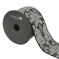 2.5" x 20ft. Black & White Wired Floral Lace Ribbon by Celebrate It® Halloween