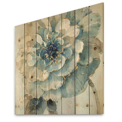 Designart Indigold Watercolor Flower II Farmhouse Print On Natural Pine Wood