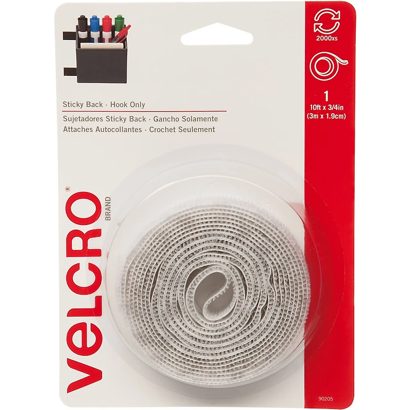 VELCRO® Brand White Sticky Back Tape Hook Only, 0.75" x 10ft.