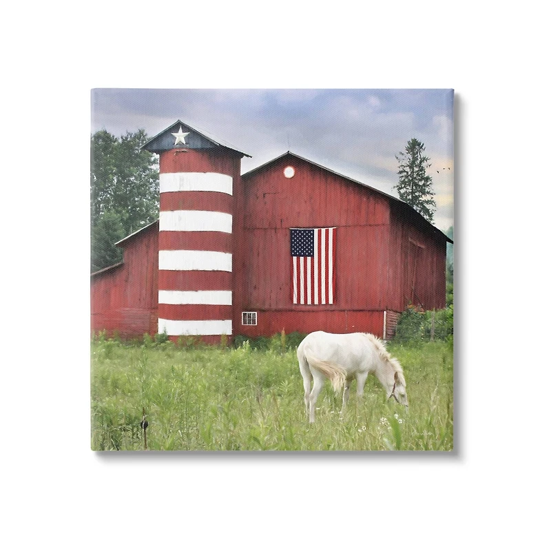 Stupell Industries Grazing White Horse Red Americana Barn Flag Canvas Wall Art