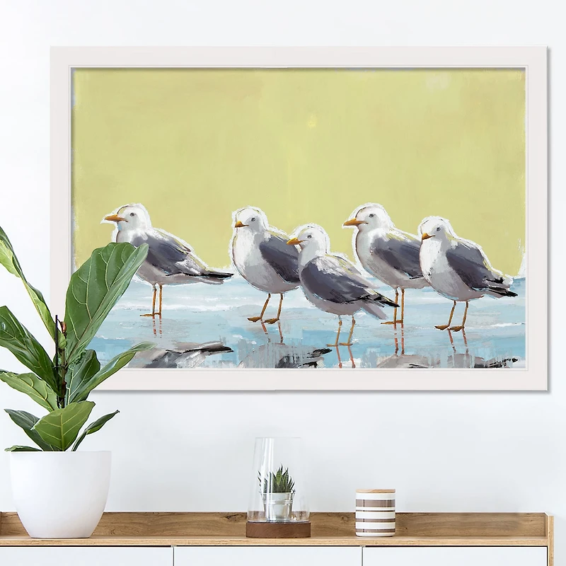 Sunny Seagulls 20" x 30" White Framed Print Under Plexiglass