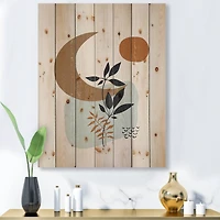 Designart - Abstract Sun & Moon With Minimal Plants - Modern Print on Natural Pine Wood