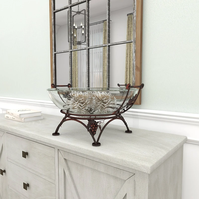19" Clear Tempered Glass Kitchen Serving Bowl with Copper Metal Grapes Base