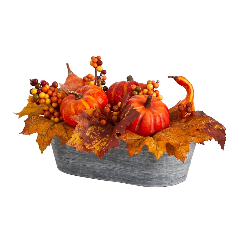 12" Pumpkin & Berries Autumn Harvest Arrangement In Washed Vase
