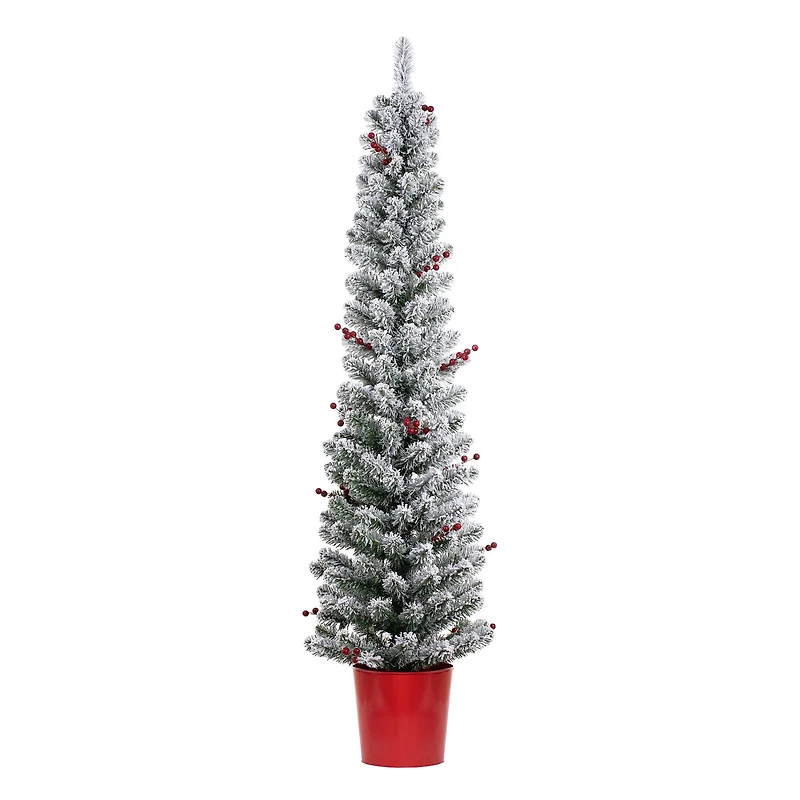 5ft. Pre-Lit Flocked Berry Artificial Christmas Tree with Red Pot, Clear Lights