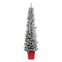5ft. Pre-Lit Flocked Berry Artificial Christmas Tree with Red Pot, Clear Lights