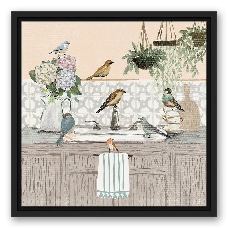 Birdies at the Sink Black Floating Framed Canvas
