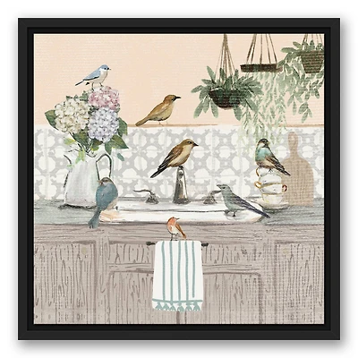 Birdies at the Sink Black Floating Framed Canvas