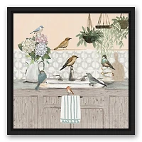 Birdies at the Sink Black Floating Framed Canvas