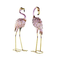 25" Pink & Gold Metal Flamingo Garden Sculpture Set with Dimensional Feathers