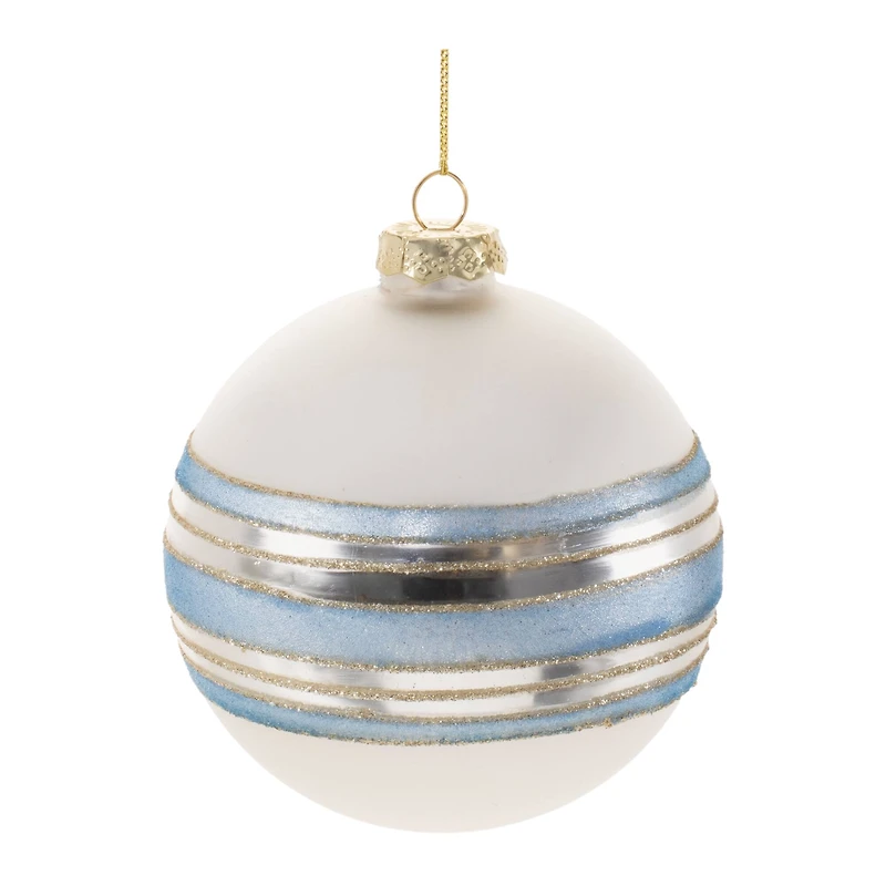 Blue and Silver Striped Glass Ball Ornament Set