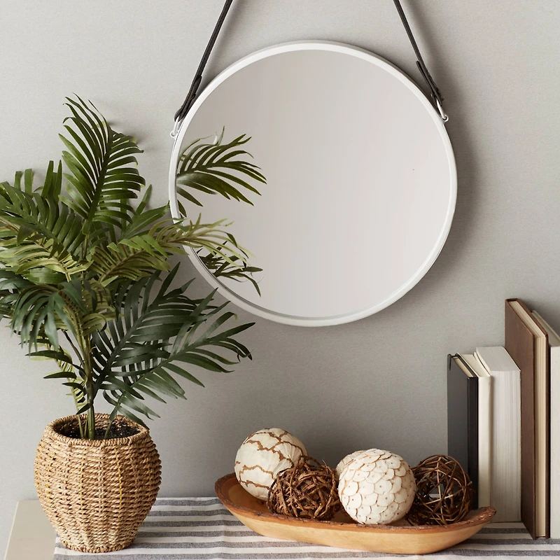 Hanging White Mirror with Faux Leather Strap