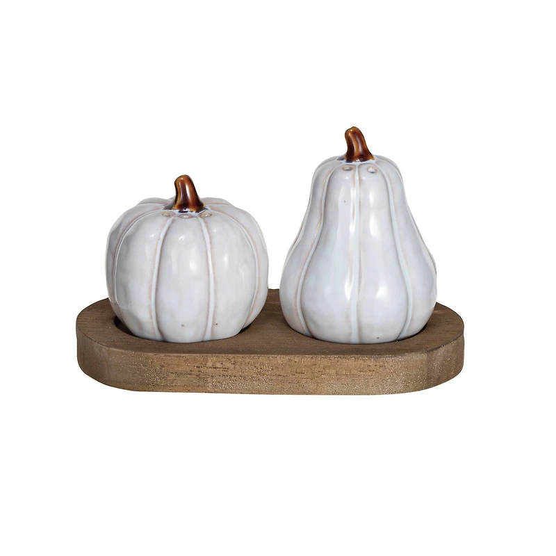 Hello Honey® White & Natural Stoneware Pumpkin Salt & Pepper Shaker Set