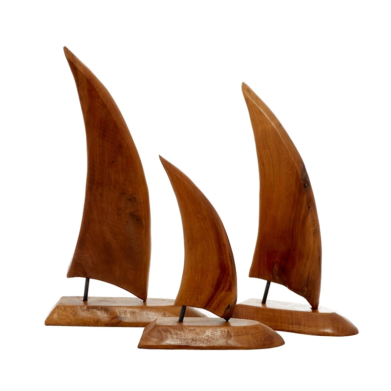 Set of 3 Brown Teak Wood Sail Boat Sculpture 20", 17", 13"