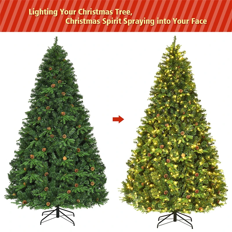 Costway 8ft. Pre-Lit Pinecones Hinged Artificial Christmas Tree, Warm White LED Lights