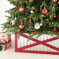 Glitzhome® Silver & Red 26" Corrugated Metal & Wooden Tree Collar