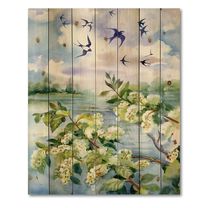 Designart - Flowers of The Cherry Blossoms On A Spring Day - Traditional Print on Natural Pine Wood