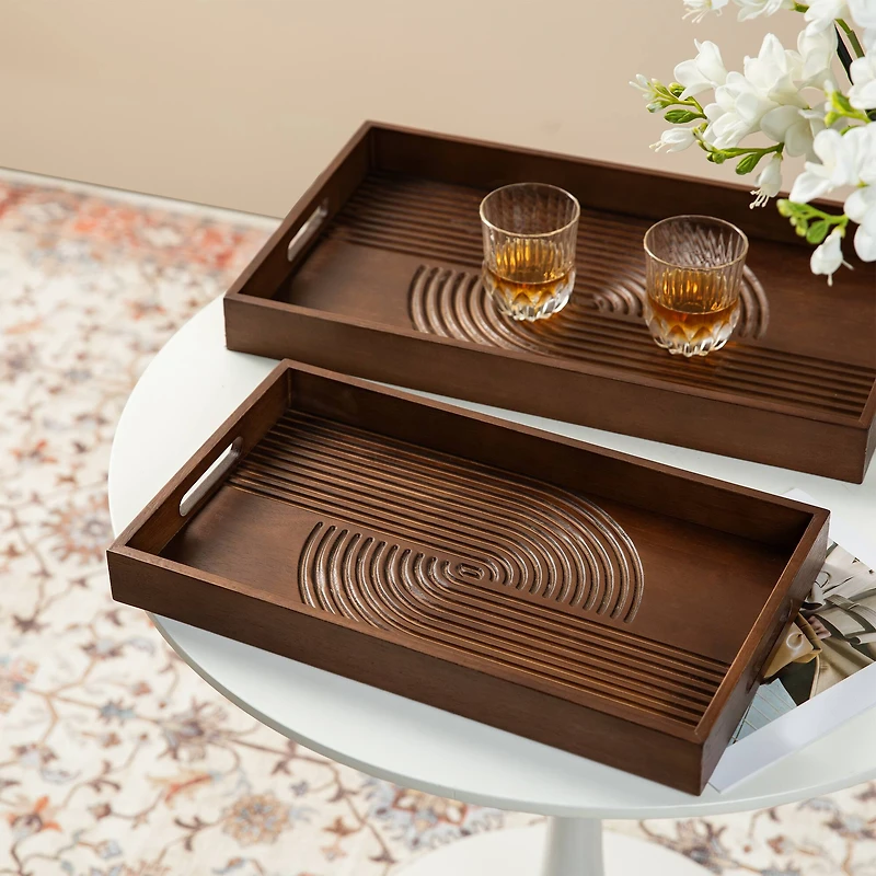 Glitzhome® Rectangle Rubber Wood Abstract Trays Set