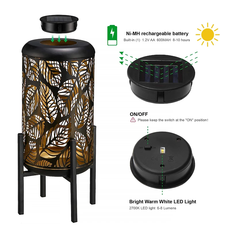 Glitzhome® 14.25" Black Metal Cutout Leaves Pattern Solar Powered LED Outdoor Lantern