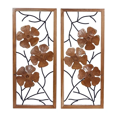 Set of 2 Rust Teak Wood Contemporary Style Wall Decor 14", 32"