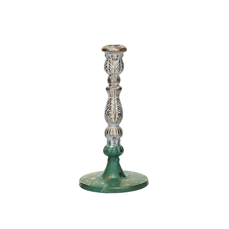 Hello Honey® 9.25" Green, Gold and Cream Distressed Cast Metal Taper Candleholder