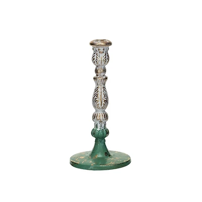 Hello Honey® 9.25" Green, Gold and Cream Distressed Cast Metal Taper Candleholder
