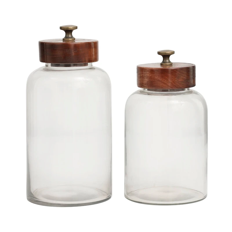 Clear Glass Canisters with Brown Removable Lids Set