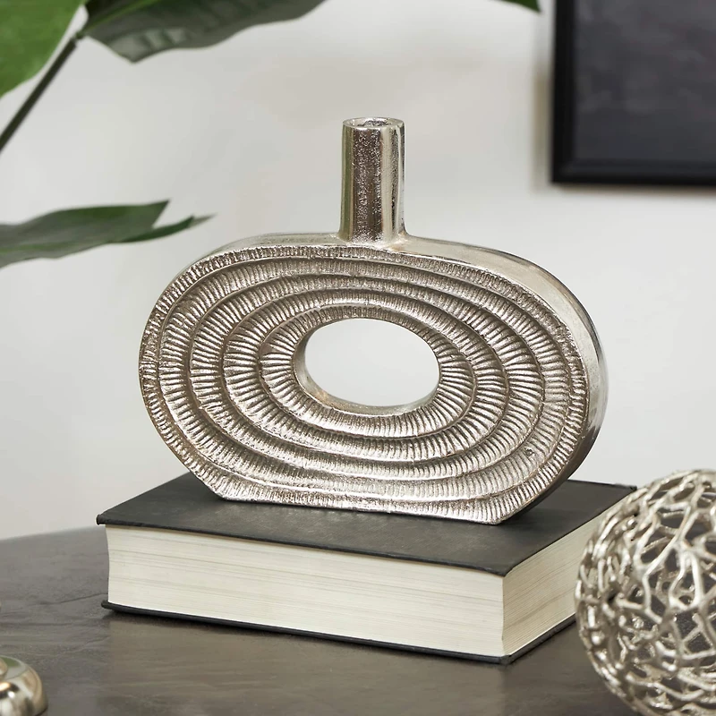 12" Silver Aluminum Geometric Circular Vase with Linear Etchings