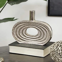 12" Silver Aluminum Geometric Circular Vase with Linear Etchings